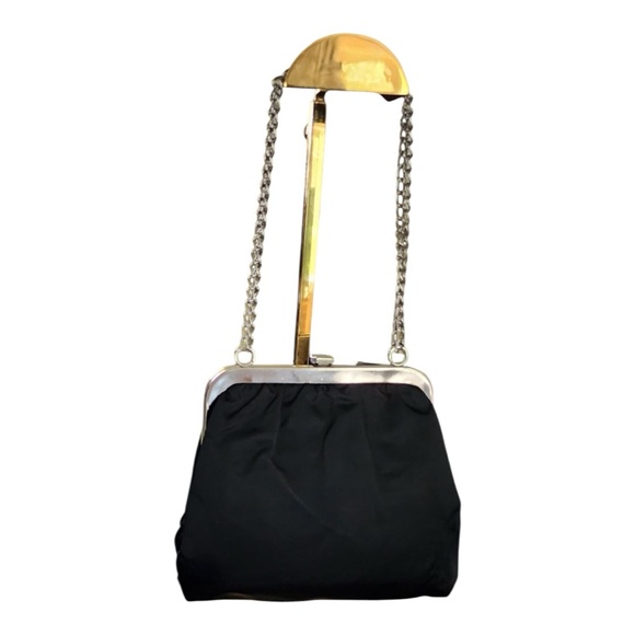 Harry Levine Handbag Black Satin Scallop Framed Satchel Chain Strap Purse - Picture 3 of 7